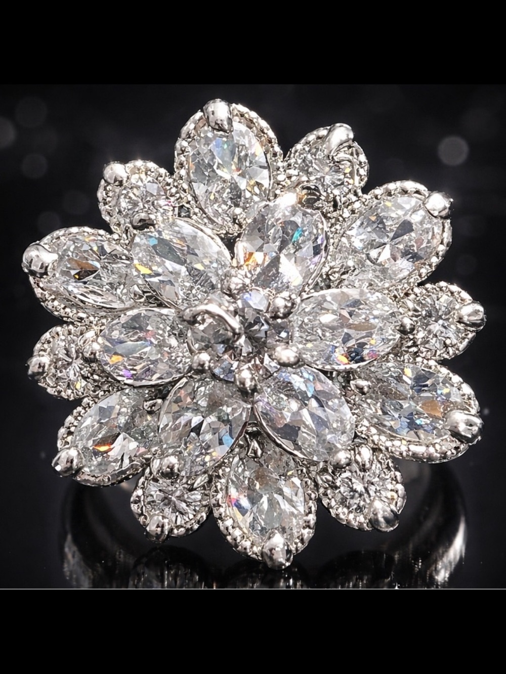 Round oval brilliant cut CZ floral flower cocktail statement ladies, ring silver